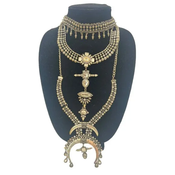 Free People Multilayered Antiqued Silver & Rhinestone Necklace - Picture 2 of 16